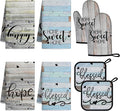8 Pcs Kitchen Decor Accessories Set Farmhouse Towels Pot Holders Oven Mitts Set 4 Dish Towels 2 Potholders 2 Cooking Mittens Oven Glove for Christmas Baking Cooking Supply(Brown Green,Kitchen)