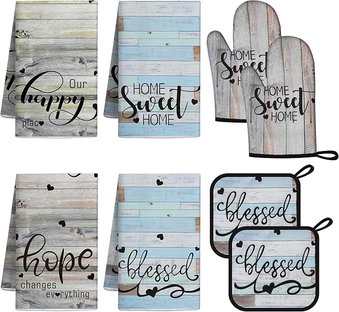 8 Pcs Kitchen Decor Accessories Set Farmhouse Towels Pot Holders Oven Mitts Set 4 Dish Towels 2 Potholders 2 Cooking Mittens Oven Glove for Christmas Baking Cooking Supply(Brown Green,Kitchen)