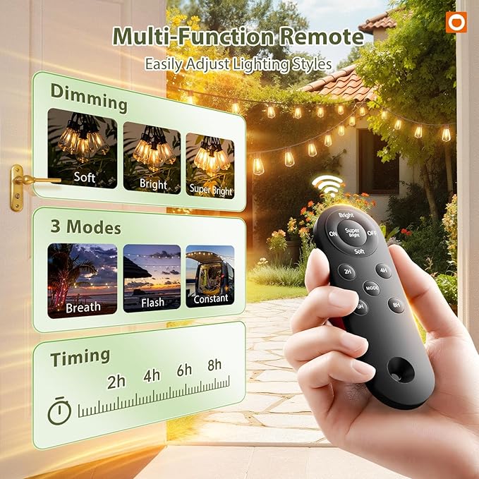 addlon 54(48+6) FT Solar String Lights Waterproof,Patio Lights Solar Powered with Remote& USB Port 24+2 LED Shatterproof Bulbs 3 Lighting Modes Outdoor Lights for Camping Backyard Garden