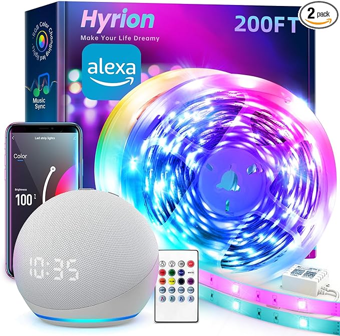 hyrion Smart LED Strip Lights 200ft WiFi, RGB Color Changing Lights Compatible with Alexa and Google Assistant, 16 Million Colors with App Control and Voice Control Led Lights for Bedroom, Room Decor