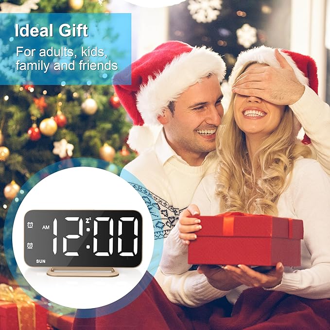 Slim LED Digital Alarm Clock, Mirror Surface for Makeup, with Diming, Large Display, Easy Setting, USB Ports, Modern Decor for Bedroom, Desk, Christmas, Birthday Idea Gift for Women, Sister, Mom, Pink