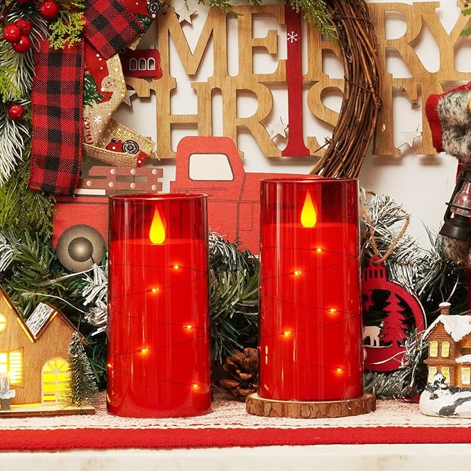 Homemory Flameless Candles with Embedded Star String Fairy Lights, Battery Operated Candles, LED Candle, Fake Candles with Remote Control and Timer, Red, Set of 2(H 6" 6")