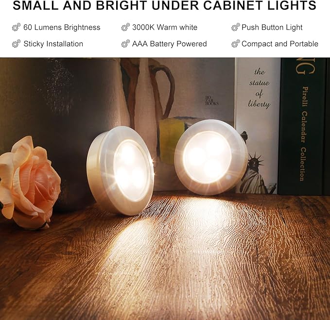 LUXSWAY LED Puck Light, Ultra-Thin Touch Light, Battery Operated, Tap Lights, 60 Lumens, Stick on Lights, Under Cabinet Lighting, Ideal for Kitchen Cabinets, Closets, Garage and More, 3-Pack, White