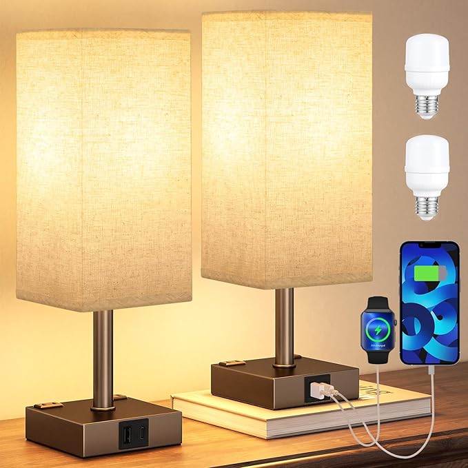 aooshine Brown Base Touch Lamps Set of 2 - Nightstand Lamp with USB-C + A Charge Ports & AC Outlets, 3-Way Dimmable Bedside Lamp, Small Table Lamp Light for Bedroom (Bulb Included)