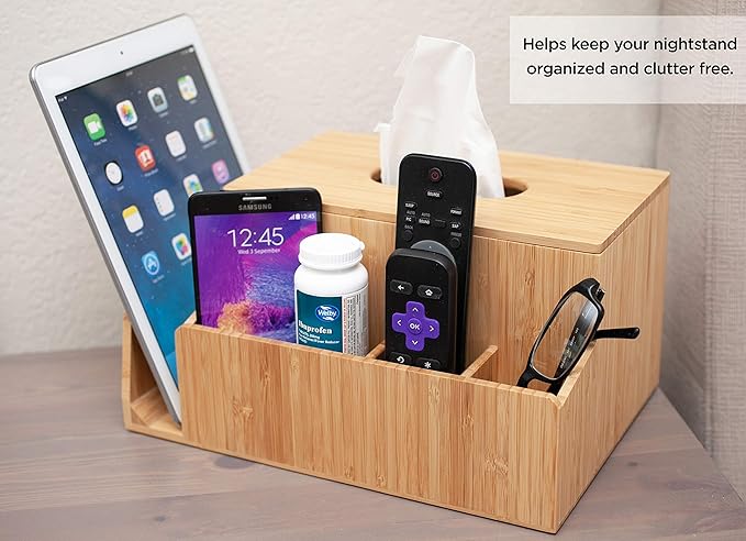 MobileVision Bamboo Tissue Box Holder & Tablet Stand Organizer for Bedroom & Desktop; compartments hold iPad Phones Remote Controls Reading Glasses Notepads & Pens