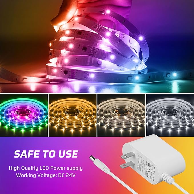 RGBWW+IC LED Strip Lights 50Ft, Dimmable Multi-Colored+3000K-6500K LED Lights with Remote and APP, Flexible Self-adhesive Color Changing LED Tape Lights, 24V Cuttable DIY Strip Lighting for Home Stair