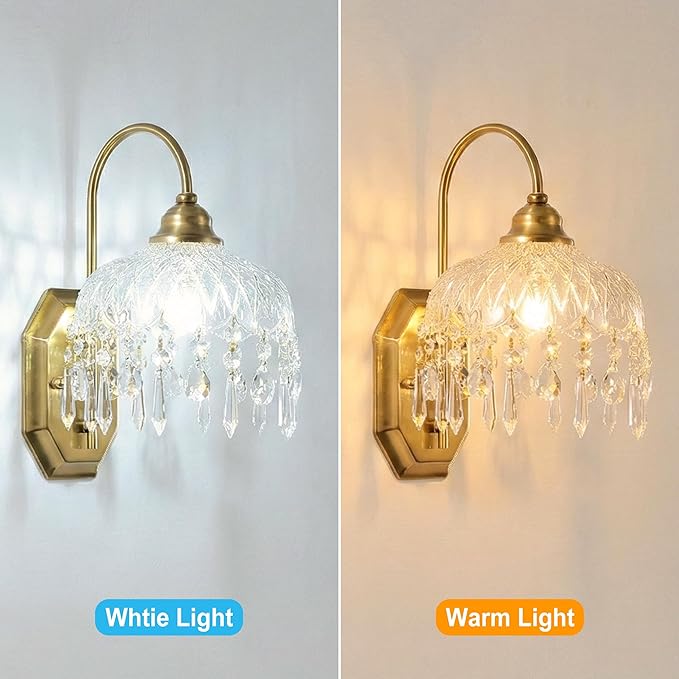 2-Pack Vintage Wall Sconce,Glass Crystal Wall Sconce, Antique Brass Finish Set of Two for Bedroom Bathroom Hallway Living Room Decor
