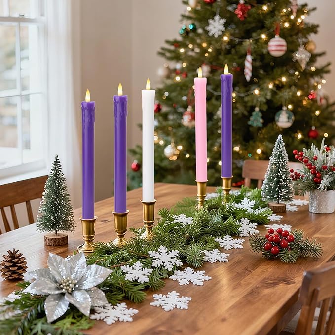 Lezonic Flameless Advent Candles Battery Operated with Remote, Set of 5 Wax Christmas Taper Nativity Candles, LED Advent Wreath Candles for Church Home Christian Decor, 3 Purple & 1 Pink & 1 White
