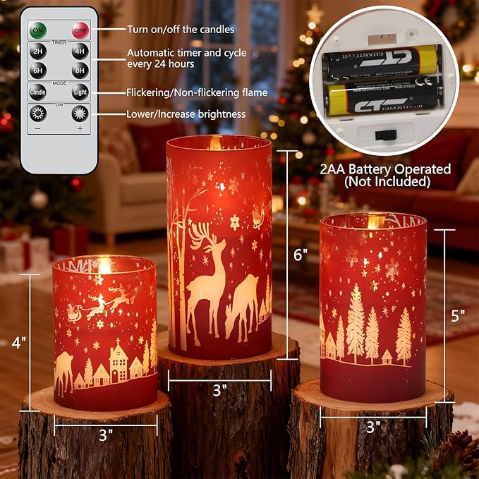 Wondise Red Christmas Reindeer LED Flameless Candles with Remote Timer, Electroplate Glass Battery Operated Real Wax Flickering 3D Wick Pillar Candles for Christmas Holiday Home Decoration