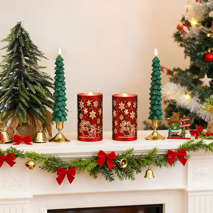 Lezonic Christmas Flameless Candles with Remote, Green Christmas Tree Flickering Battery Operated Window Candlesticks, Red Glass Xmas New Year Decorations Gifts, Set of 4 Real Wax LED Candles