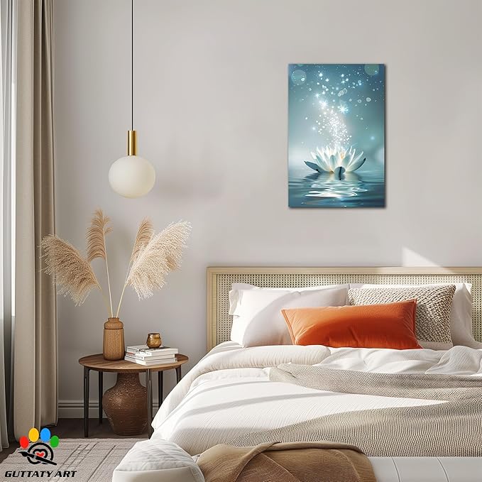 Zen White Lotus Flower Canvas Wall Art, Lotus Flower Pictures Bathroom Zen Print, Spiritual Water Lily Canvas Prints, Lotus Bloom on Water Poster, Zen Calm Relax Artwork for Yoga Spa Room 24x36 inch