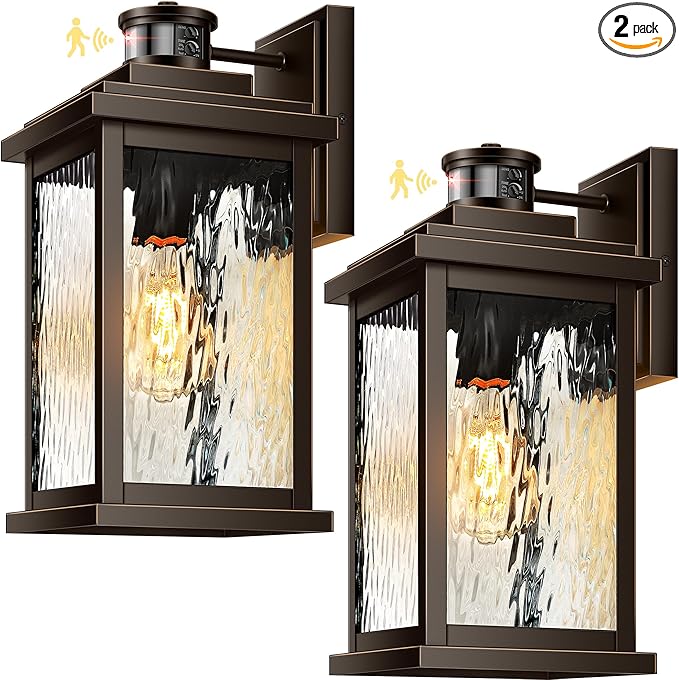 VIANIS Advanced Motion Sensor Light Outdoor, 2 Pack Large Bronze Exterior Lighting Fixtures, Easy-to-Install, Aluminum Waterproof Porch Lights Outdoor with Water Glass for Porch, Garden, Front Door