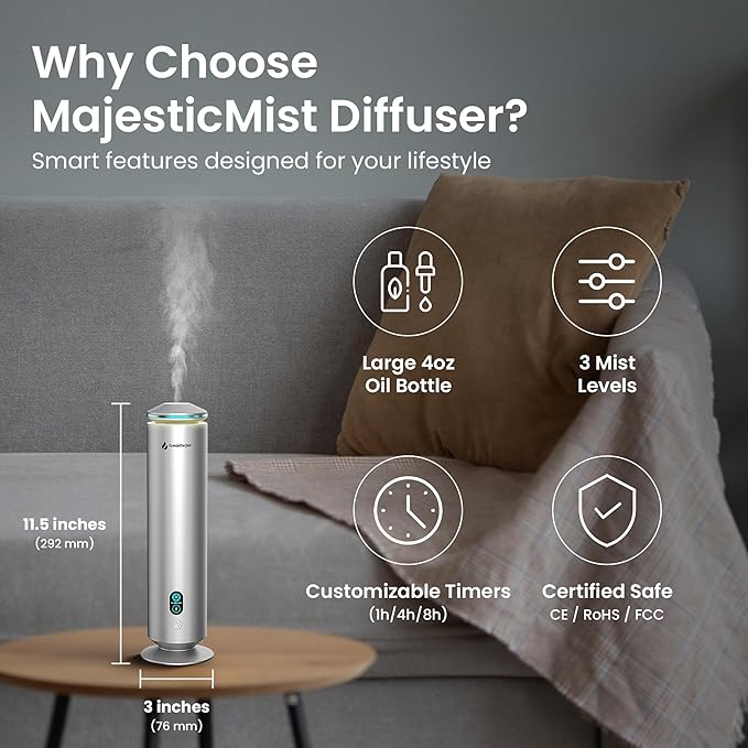 MajesticMist Waterless Essential Oil Diffuser, Rechargeable Aluminum Cold-Air Aroma Diffuser for Large Rooms up to 1000 sq ft, Wireless Charging Base, Quiet, 4 oz, Remote Control