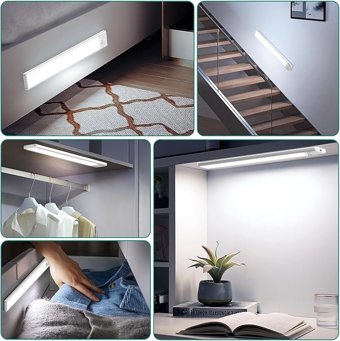 3 Pack Under Cabinet Lights, 52 LED Cold White Rechargeable Under Cabinet Lighting Motion Sensor LED Lights for Kitchen, Counter, Closet, Stairs (12.2 inches Silver)
