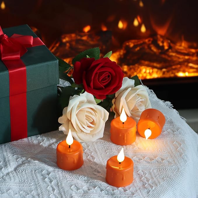 FREEPOWER Orange Halloween Candles,Rechargeable Flameless Candles with Remote Timer, Soft 3D Wick LED Tealights Candle, Rechargeable Candles Flickering Realistic for Halloween Decorations,Set of 6