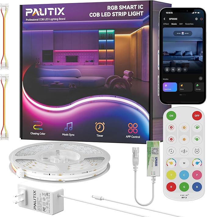 PAUTIX COB LED Strip Lights Pro, UL-Listed RGB Smart IC Chasing Color Addressable COB LED Tape Light, Music Sync Flexible RGB LED Lights, Smart Strip Light, for Party, Bedroom, Color Changing, 6.56ft