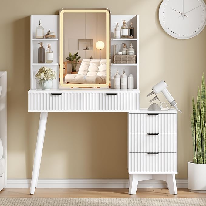 42'' Fluted Makeup Vanity Desk with LED Lights Mirror & Charging Station, Modern Glass Top Vanity Table with 5 Drawers & Open Shelves, Dressing Table for Bedroom, Living Room, White