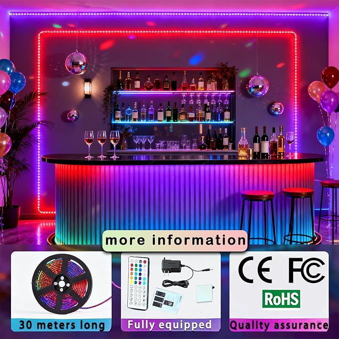 LED Strip Lights 100ft, Bluetooth APP Control DIY Multiple Colors on One Line, Music Sync Color Changing LED Lights 0.5lb, Flexible Lighting for Bedroom, Room, Home Decor, Party & Holiday