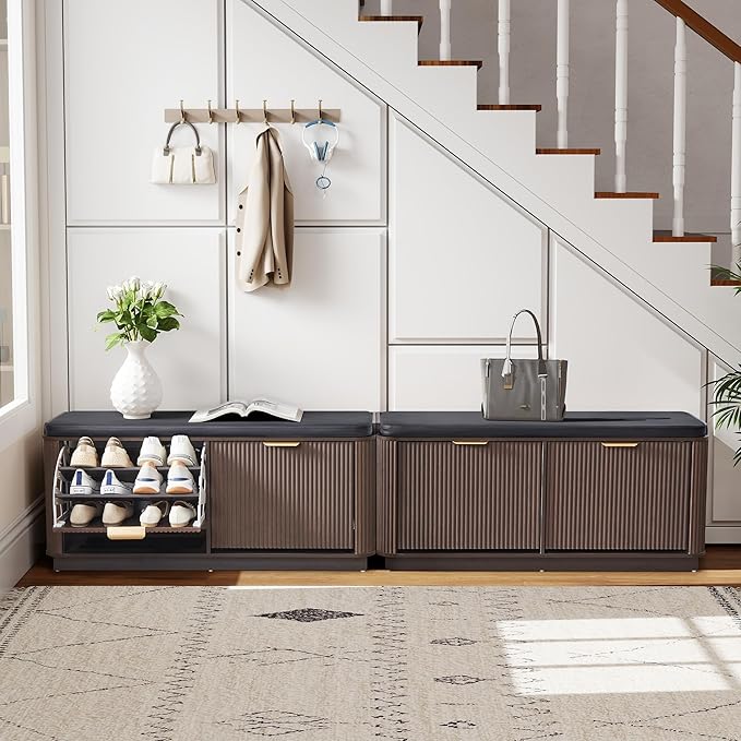 43.3''W Fluted Shoe Rack Bench with 2 Flip Drawers, Entry Bench Seat with 3-Tier Shoe Storage and Leather Cushion, Shoe Organizer Bench for Entryway, End of Bed, Living Room - Espresso