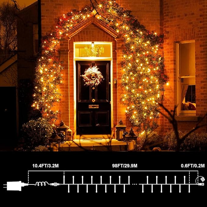 LAMPHOME 99ft Christmas Decorative Mini Lights, 300 LED Transparent Wire Fairy Starry String Light Plug in, 16Lighting Modes for Indoor Outdoor Xmas Tree Wedding Party Decoration (Yellow)