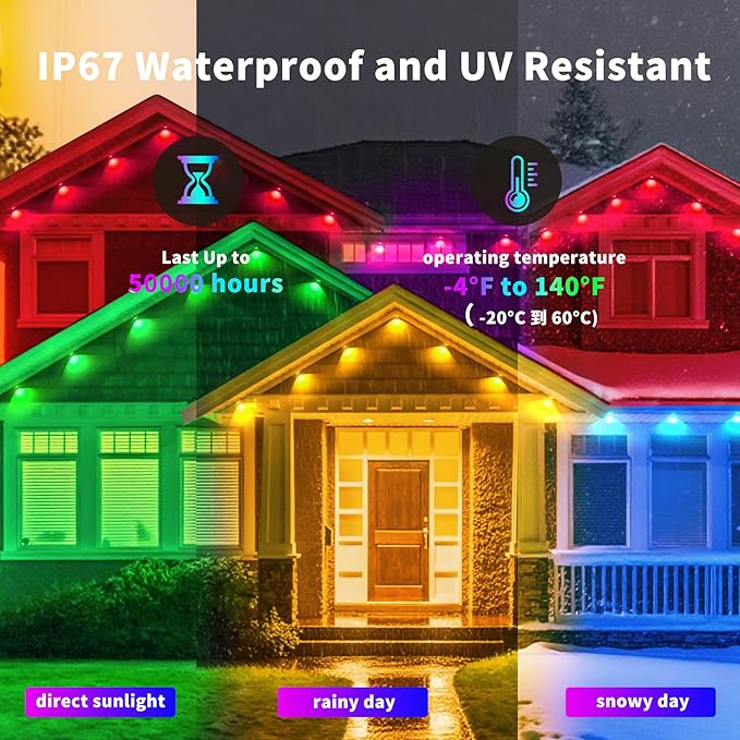 50ft Permanent Outdoor RGB Lights with App Smart LED String Light Remote Control Outdoor Hanging Party Light Waterproof Color Changing Outside Lights for Yard Holiday Christmas House Roof Patio