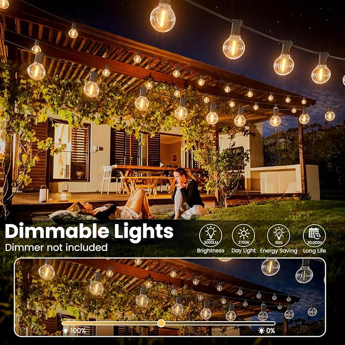 RTTY Outdoor String Lights 50 FT, Patio Light with 26pcs G40 Shatterproof LED Bulbs, Waterproof Hanging Globe Lighting Connectable for Cafe Bistro Backyard Porch Gazebo Balcony Deck Party