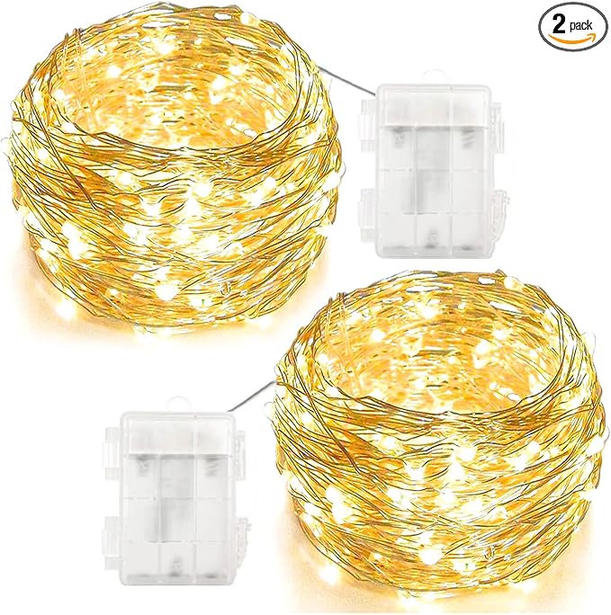 Twinkle Star 33ft LED Fairy Lights - Warm White, Battery Operated, 2 Pack