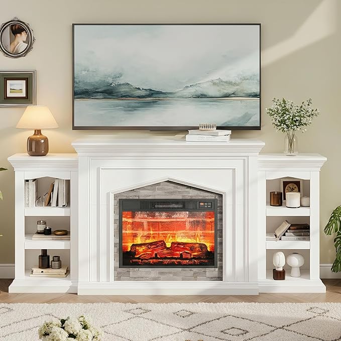 LGHM 80" Fireplace TV Stand for TVs Up to 90 Inch, Electric Fireplace with Mantel, Modern Entertainment Center with Storage, Fireplace Heater Insert with 3D Flame Effect for Living Room