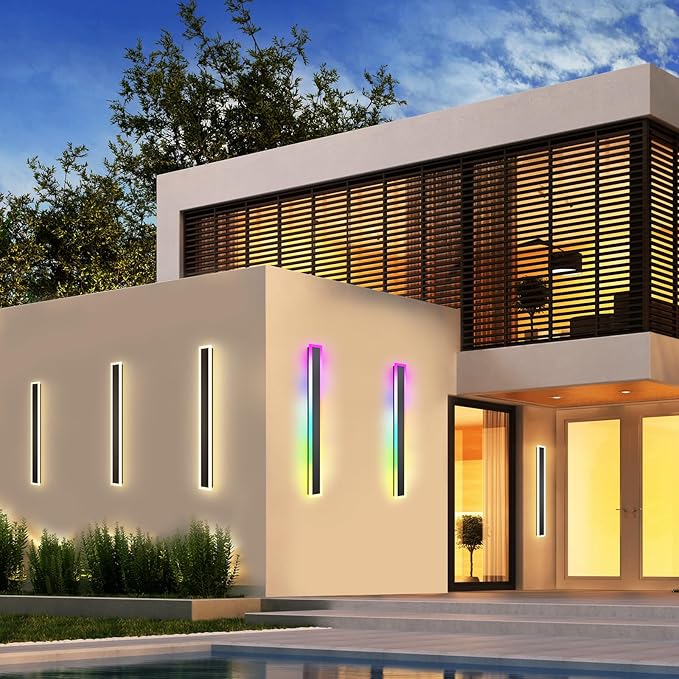 Outdoor RGB Long Wall Lights, 39.4inch 2 Pack RGB/Warm/White Dimmable Modern Led Wall Lighting, Ip65 Waterproof Long Wall Sconce with Remote and APP Control for Outdoor/Indoor