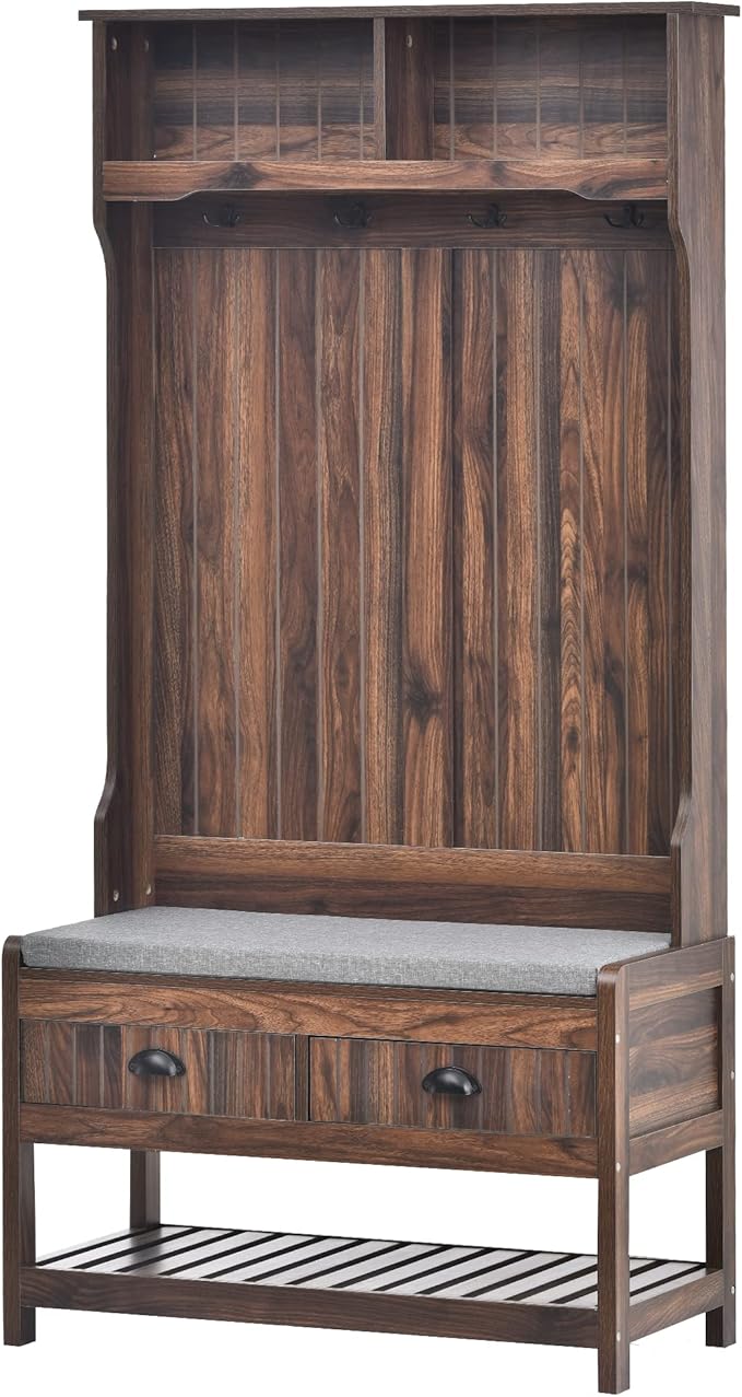 Hall Tree with Shoes Bench, Entryway Coat Rack with Storage Shelves and Drawers, 33.5''W Coat Hanger for Entrance, Hallway (Tiger)