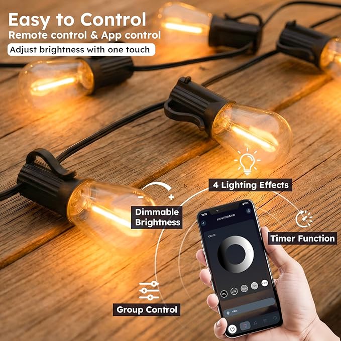 50FT S11 LED Outdoor String Lights with App & Remote, Low-Voltage Patio Lights with Music Sync, 4 Lighting Modes, Dimmable, Waterproof LED Outdoor Lights for Porch, Deck, Garden, Backyard