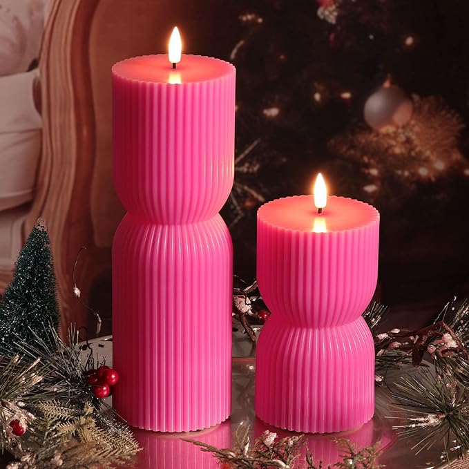 Hot Pink Ribbed Flameless Pillar Candles with Remote, Real Wax Flickering Battery LED Candles Set of 2