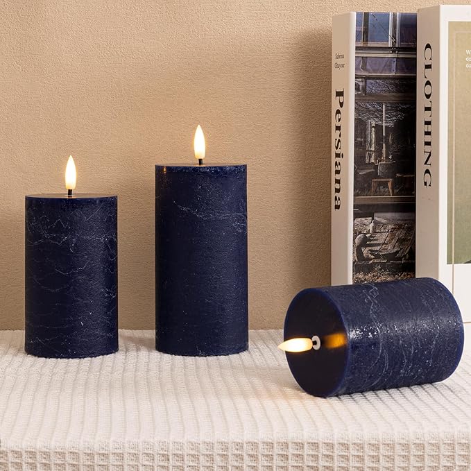 Navy Blue Flameless Candles, Real Wax Battery Operated Candles with Remote, Flat Top Flickering LED Pillar Candles for Home Party Wedding Holiday Decor, Set of 3 (H 4" 5" 6" x D3)