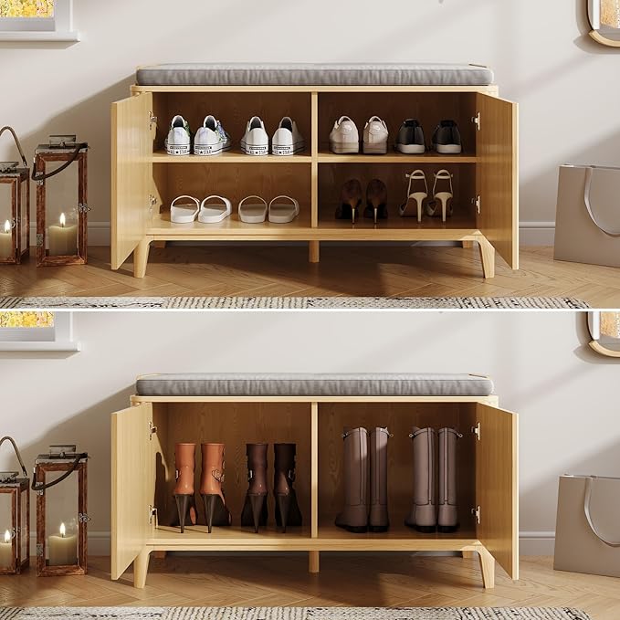 39.4" Fluted Shoe Cabinet Storage with Bench, 2-Tier Entryway Bench with Adjustable Shelves and Detachable Cushioned Seat, Shoe Organizer Bench Cabinet for Entryway, Living Room, Hallway Natural