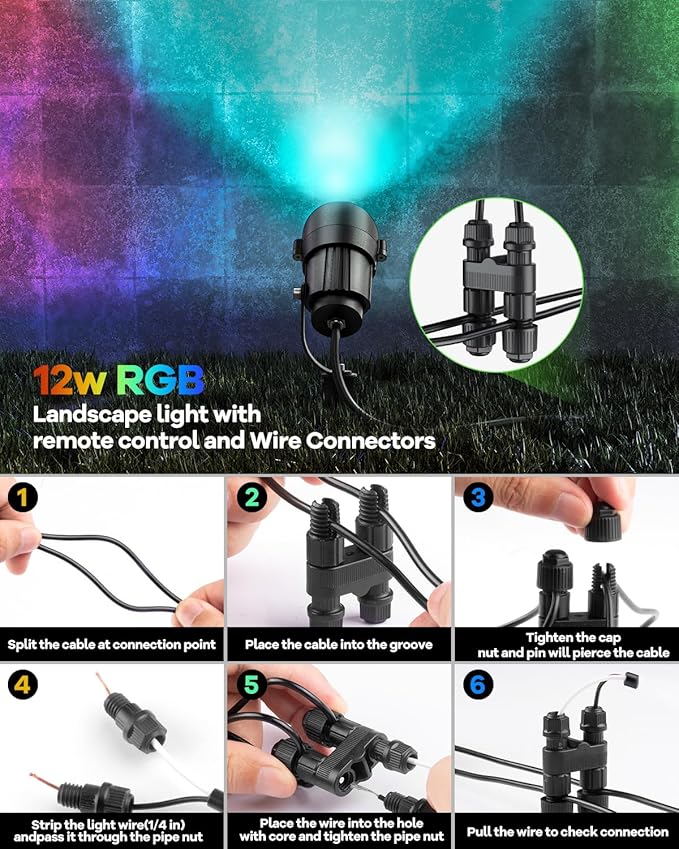 HIBOITEC RGBW Low Voltage Landscape Lighting 10Pack 12W with Remote Connectors Spotlights Landscape Lights 12-24V AC/DC Waterproof for House Yard Trees Outdoor Christmas(Transformers NOT Included)