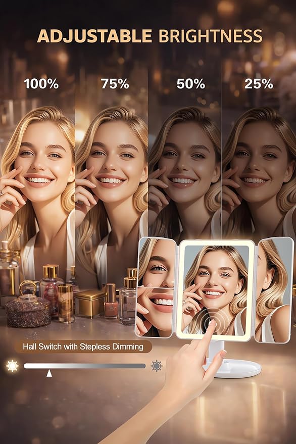 Lighted Makeup Vanity Mirror, Height Adjustable Trifold Mirror with Seamless Light Strip, 1X/2X/3X/10X Magnification, 2000mAh Rechargeable Desk Mirror, Dimmable 3 Color Lighting, Gifts for Mom Women