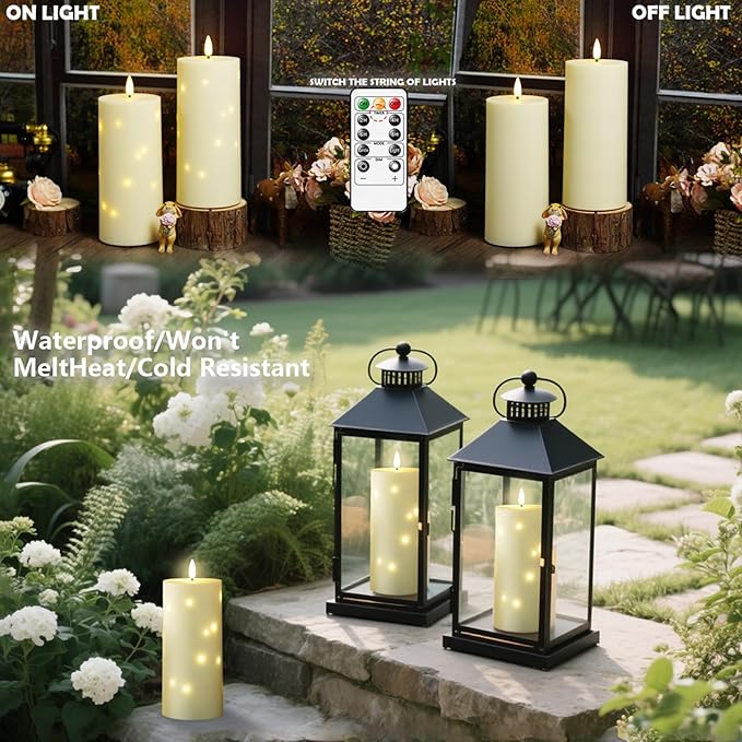 10" x 4" Large Outdoor Waterproof Flickering Flameless Candles with Timer,2Pcs Battery Operated LED Pillar Candles with Embedded Star String for Outdoor Lanterns,Porch,Patio Decor(Ivory)