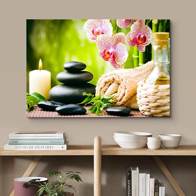 wall26 Canvas Print Wall Art Massage Stones Zen Pink Orchid Flower Plants Candles Nature Wilderness Photography Realism Rustic Landscape Colorful for Living Room, Bedroom, Bathroom, Office - 16"x24"