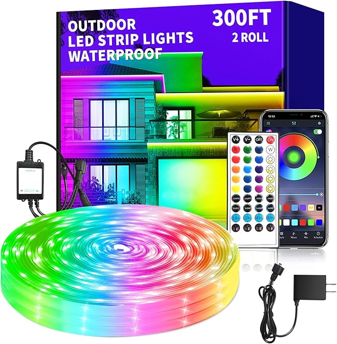 300Ft Outdoor LED Strip Light Waterproof,Music Sync RGB IP68 Led Lights with App/Remote Control,Color Changing Waterproof Exterior Rope Self Adhesive Back,Balcony,Garden（2 Rolls of 150ft）