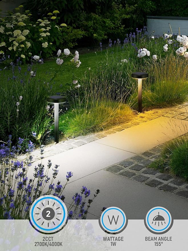 LEONLITE 2CCT Solar Powered Path Lights, 50/100% Dimmable, Auto Dusk to Dawn Landscape Pathway Lights for Sidewalk, Driveway, Garden, 2700K Soft White /4000K Cool White, IP65, 120lm, Black, Pack of 6