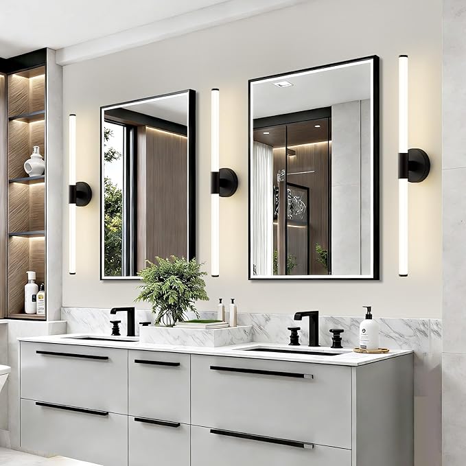 Dimmable LED Bathroom Vanity Lights 360° Full Lighting Bathroom Light Fixtures Over Mirror Vanity Light Bar Modern Wall Sconce 4000K Light for Bedroom Living Room Hardwired Black, 31 inch