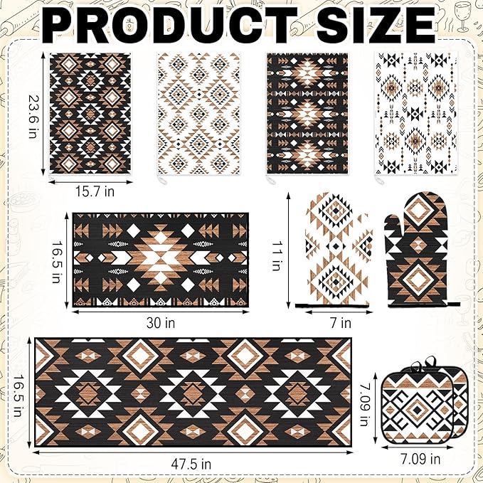 Southwestern Kitchen Decor Set 10 Piece - Aztec Geometric Tribal Pattern Kitchen Rugs, Towels, Oven Mitts and Pot Holders - Modern Boho Native American Style Accessories for Home Apartment