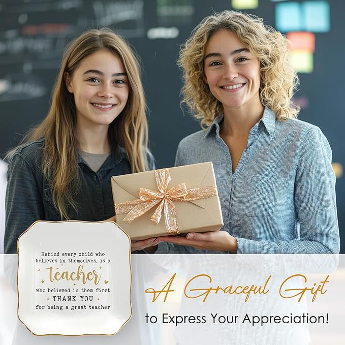 OASSIE Teacher Appreciation Gifts - 4"x4" Ceramic Jewelry Dish Tray - Inspirational Teachers Day Graduation Birthday Thank You End Of Year School Gifts for Teacher, Thank You Gift for Teachers Women