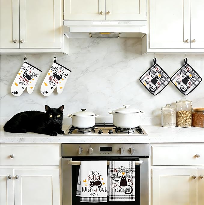8 PCS Black Cat Decor Kitchen Decor and Accessories - 4 Dish Towels Set 2 Oven Mitts and Pot Holders Sets for Cat Lover Cooking Baking Cute Kitty Kitten Plaid Lightweight Housewarming Gifts