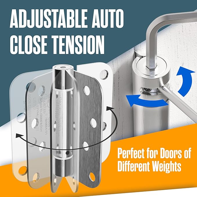 Houseables Self Closing Door Hinges, Spring Hinge Door Closer, Spring Loaded, Auto Close, 4 Inch, Automatic Closer, Auto Shut For Interior, Garage, Exterior, Adjustable Tension, 5/8 Radius, Nickel 2PK