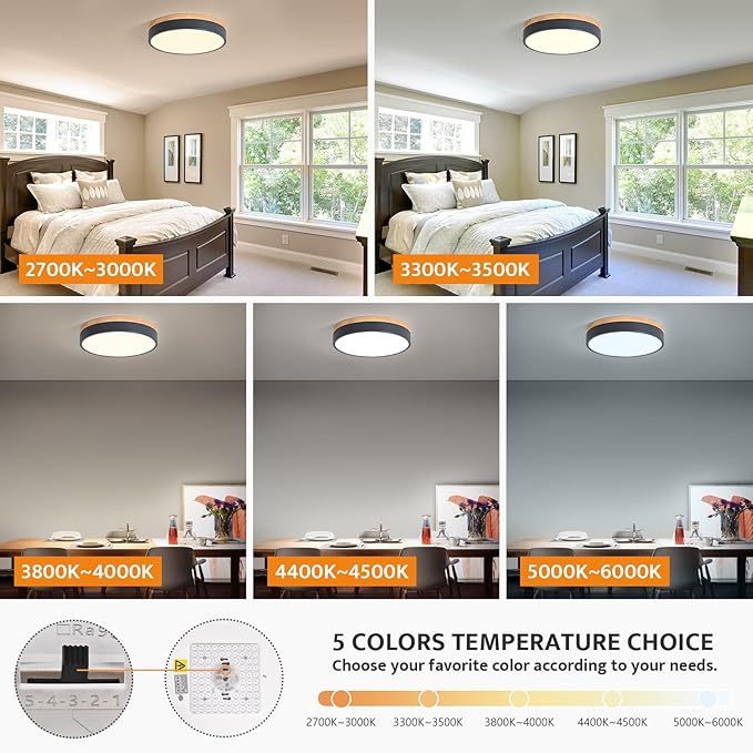 Dimmable Wood LED Flush Mount Ceiling Light, 5CCT 2700K-6000K Modern Round Close to Ceiling Lighting Fixtures, Minimalist Grey Ceiling Lamp for Bedroom, Kitchen, Laundry Room, Hallway, 11.7 in