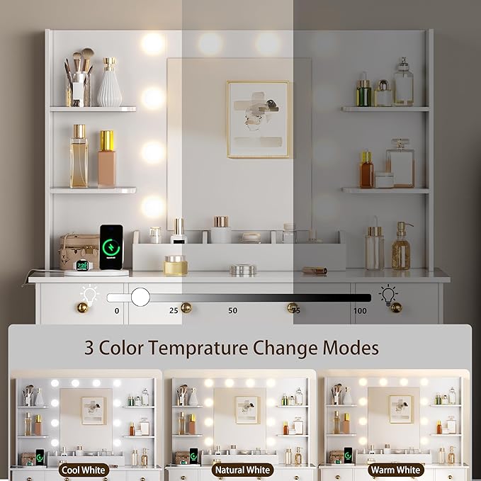 Vanity Desk with Mirror and Lights, Makeup Vanity with Mirror and LED Lights & Power Outlet, 3 Drawers and Cabinets, 3 Lighting Modes Dressing Table Set for Girls Women Bedroom, White
