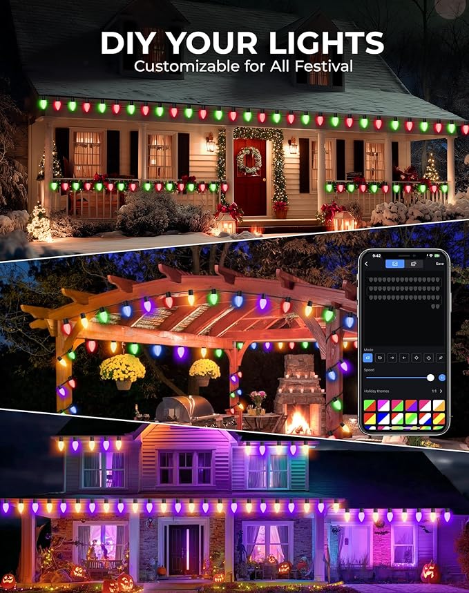 132FT 200LED Smart C9 Christmas Lights Outdoor, DIY Chasing Rainbow Lights App Remote Controlled 100+ Modes, Music Sync Xmas String Lights Waterproof Extendable for Tree House Indoor Xmas Decor