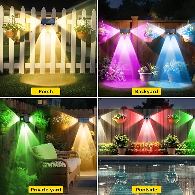T-SUN Solar Fence Lights Outdoor, 7 Fixed Colors and Color Changing Fence Lights Solar Powered, IP65 Waterproof LED Dusk to Dawn Deck Light for Porch Backyard Wall Step Patio Railing Pool (6 Pack)