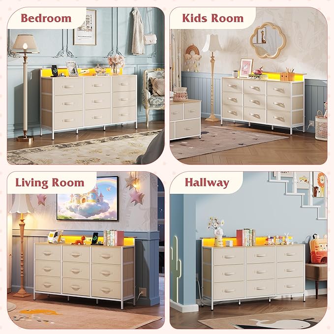 WLIVE Dresser TV Stand for 45, 50, 55 inch TV, Entertainment Center with LED Lights & Charging Station, Chest of Drawers with 9 Fabric Drawers and Open Shelves for Living Room, Hallway, Cream White